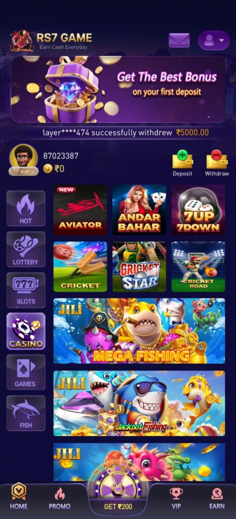 RS7 Game home dashboard displaying game categories, deposit, withdrawal, bonus banner, and featured games.