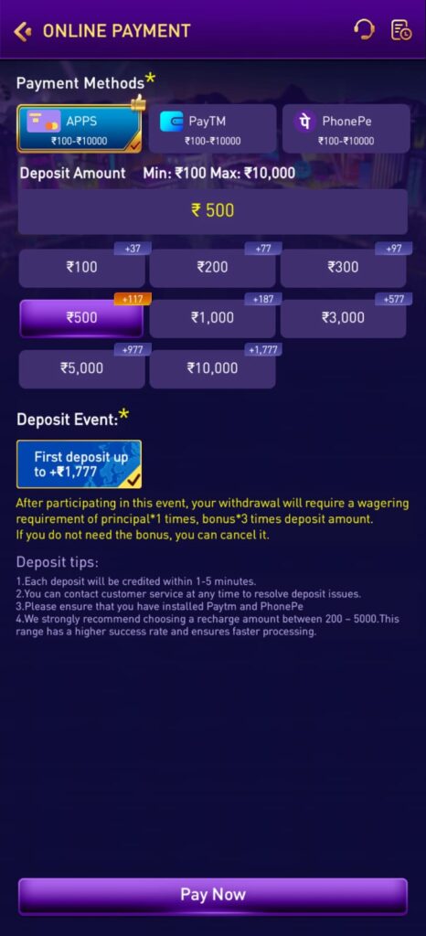 RS7 Game online payment page with deposit options, Paytm, PhonePe, and ₹500 recharge selection.