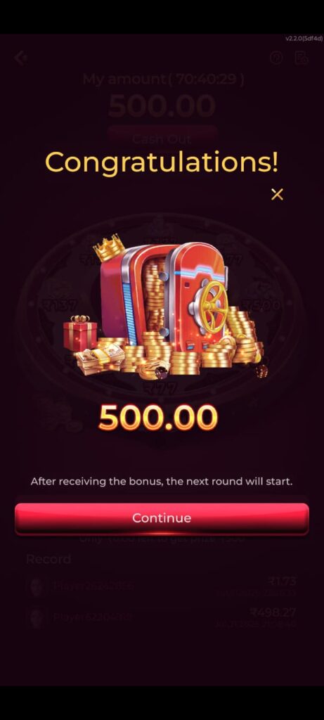 RS7 Game bonus reward popup showing ₹500 reward with treasure chest, gold coins, and continue button.