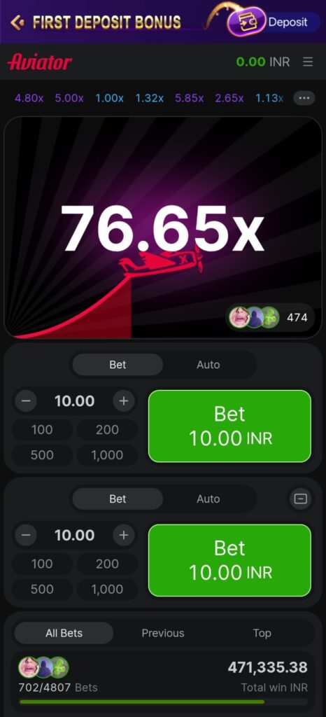 RS7 Game Aviator gameplay screen showing a 76.65x multiplier and betting controls.