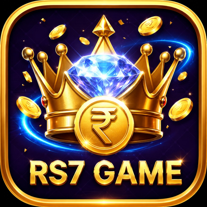 RS7 Game app logo featuring a golden crown with a rupee coin, blue glowing effects, floating gold coins, and bold RS7 GAME text on a premium dark purple background.
