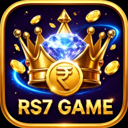 RS7 Game app logo featuring a golden crown with a rupee coin, blue glowing effects, floating gold coins, and bold RS7 GAME text on a premium dark purple background.